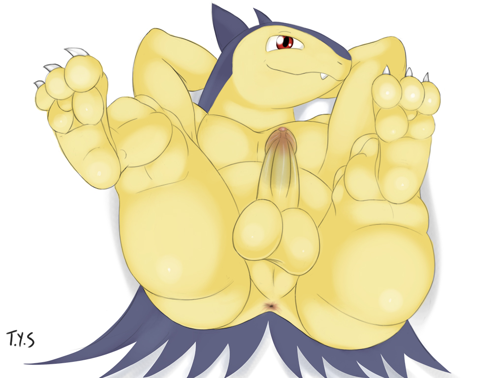 2015 anus balls barefoot butt claws erection feral fur humanoid_penis legs_up looking_at_viewer lying male nintendo nude penis plain_background pok&eacute;mon pose presenting red_eyes seyrmo shadow smile solo teeth toe_claws typhlosion video_games white_background