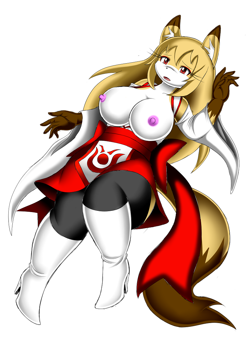 anthro boots breasts canine clothing female fox hair japanese_clothing kemono long_hair lying mammal nipples red_eyes solo unknown_artist