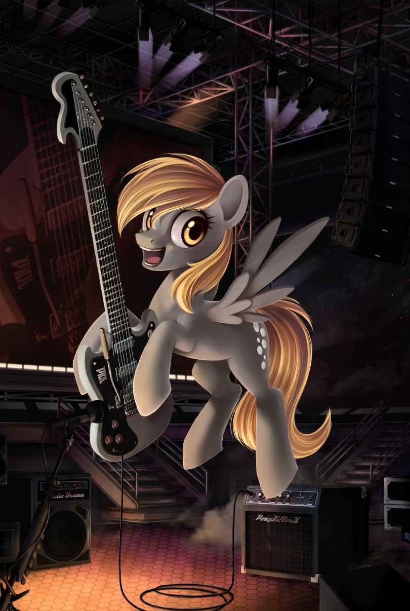 2015 amp blonde_hair cutie_mark derpy_hooves_(mlp) electric_guitar equine female flying friendship_is_magic guitar hair mammal microphone musical_instrument my_little_pony pegasus ponykillerx solo speaker stage wings yellow_eyes