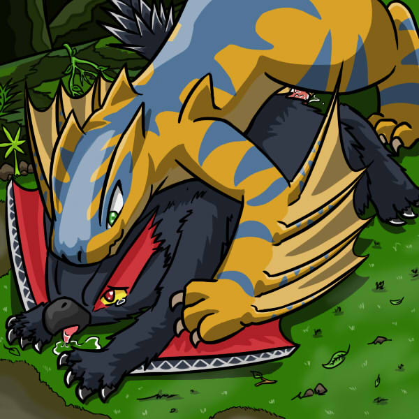 ambiguous_gender black_fur blue_scales brute_wyvern capcom chibi claws crying cum cute drooling fanged_wyvern fur grass green_eyes leaf monster_hunter mounting nargacuga penis red_eyes red_fur saliva scalie sex tears tigrex tongue tongue_out vavacung video_games wet wyvern yellow_scales yellow_sclera