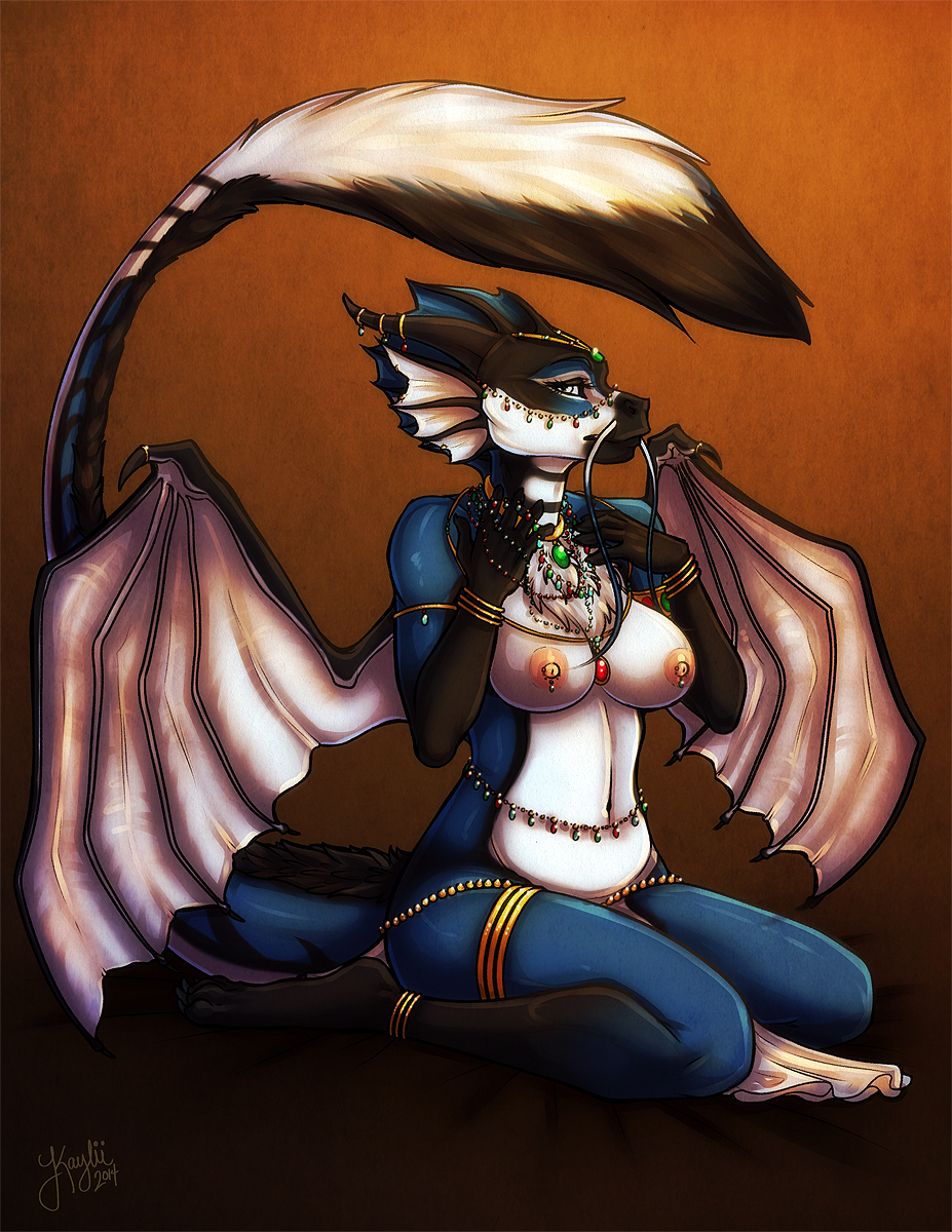 2014 anklet anthro armband blue_skin breasts chest_tuft dragon eloriya female fin fur horn jewelry kaylii kneeling looking_at_viewer necklace nipples nude piercing plain_background raised_tail smile solo tuft whiskers wings wristband yellow_eyes