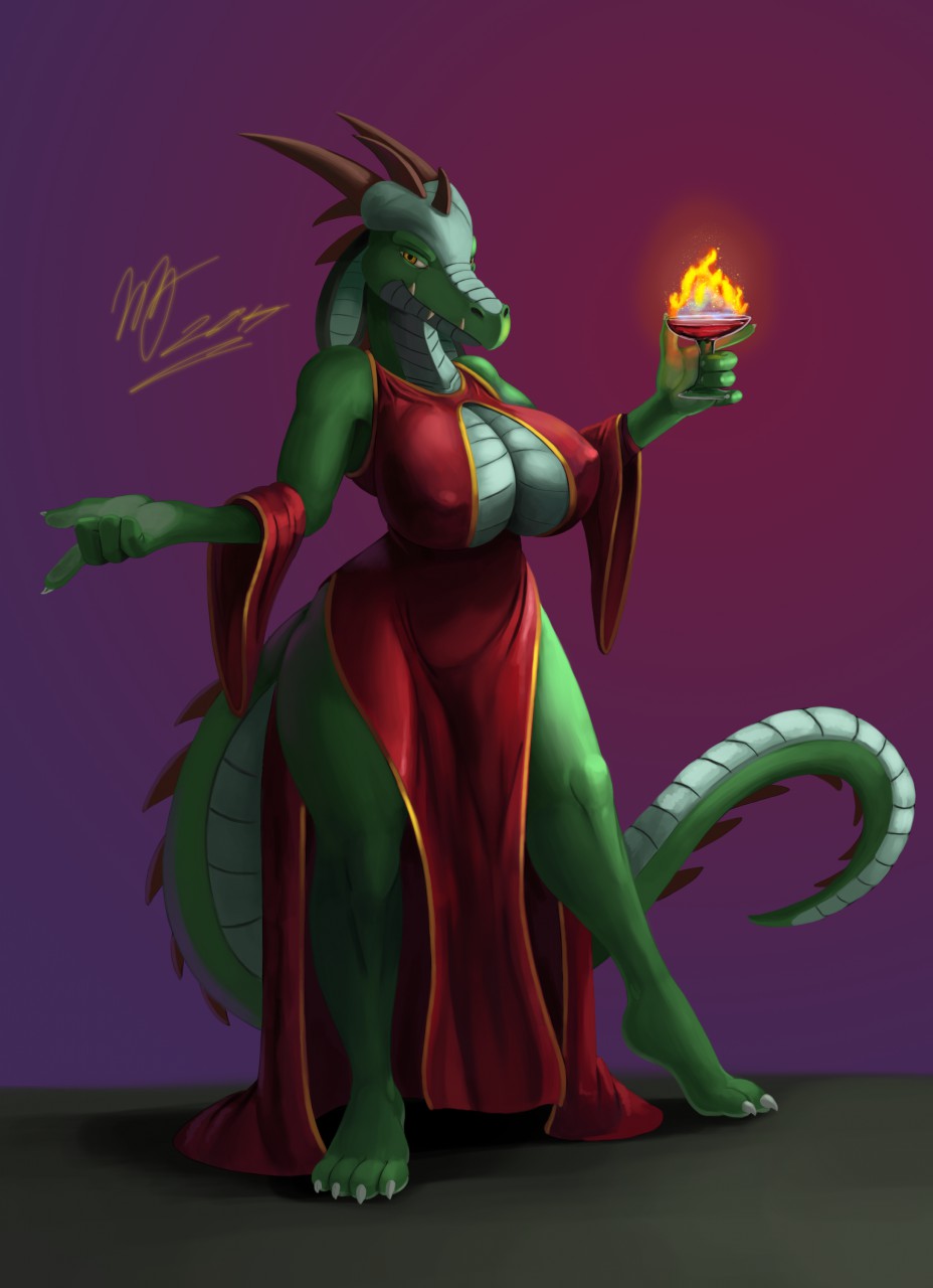 2014 4_toes amber_eyes anita_bigtime anthro barefoot big_breasts breasts claws cleavage clothed clothing dragon dress drink erect_nipples fangs female floppy_ears green_scales hindpaw horn huge_breasts long_tail nipple_bulge nipples paws reptile scalie t-bone_(artist) thick_tail toe_claws toes voluptuous wide_hips yellow_eyes