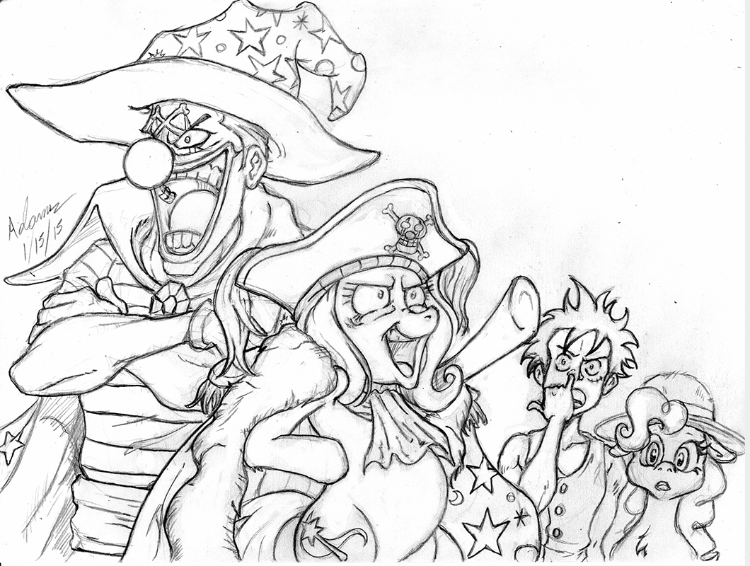 buggy_the_costume costume_swap crossover equine female feral friendship_is_magic group horse irie-mangastudios laugh male mammal monkey_d_luffy my_little_pony one_piece pencil_(artwork) pinkie_pie_(mlp) pony traditional_media_(artwork) trixie