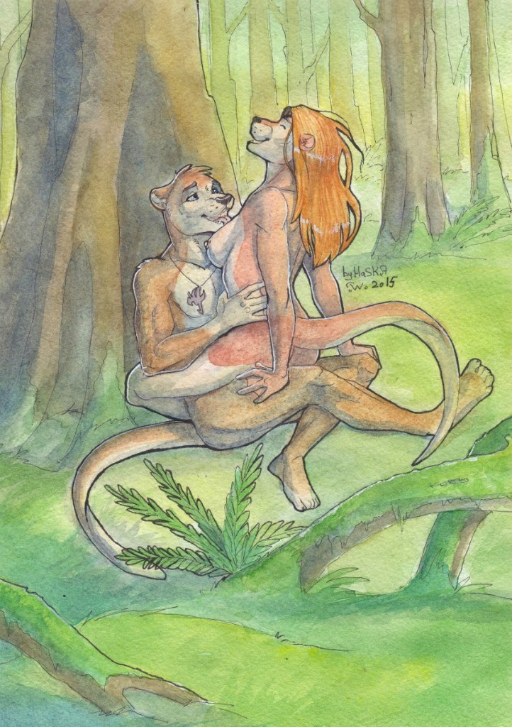 anthro bipedal breast_lick breasts cowgirl_position duo eyes_closed female haska licking male mammal mustelid nude on_top otter penetration sex sitting smile straddling straight tasteful tongue tongue_out