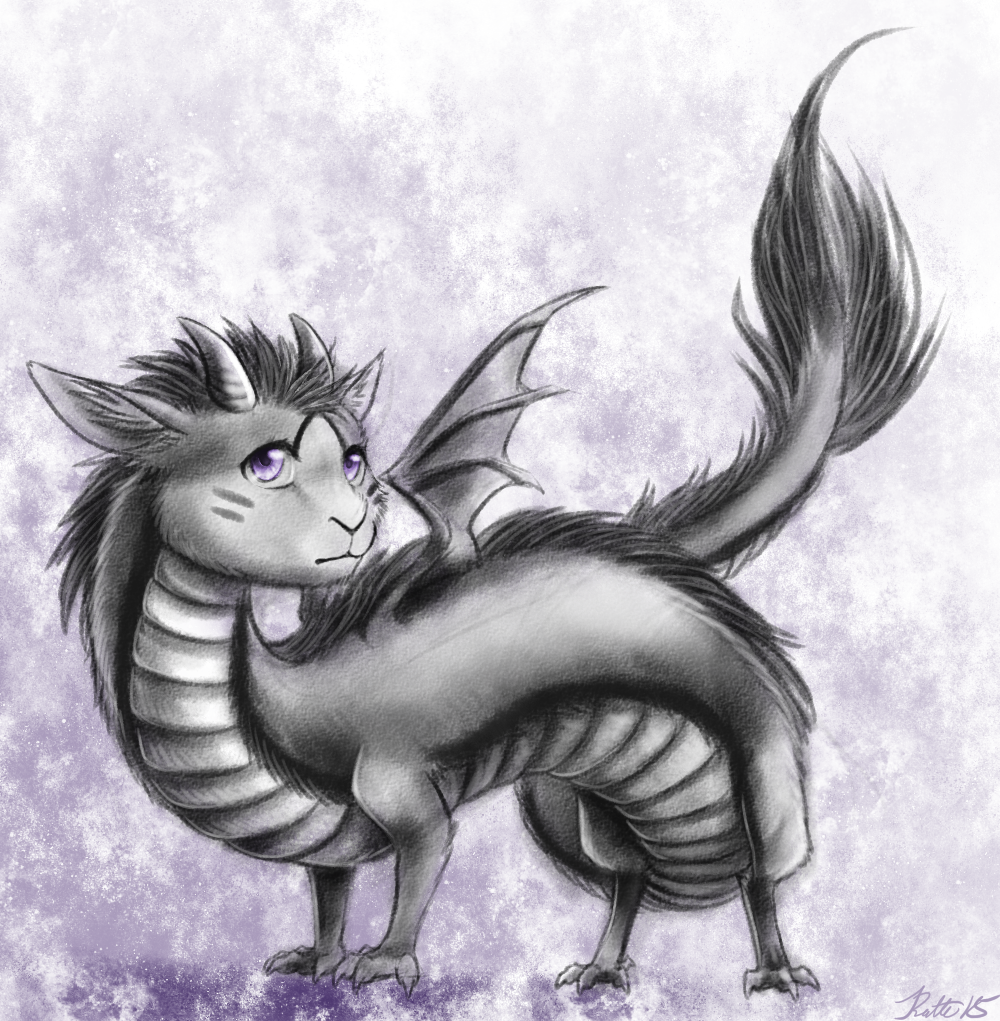 2015 abstract_background dragon dragoncat female fur horn looking_at_viewer purple_eyes ratte scales solo wings