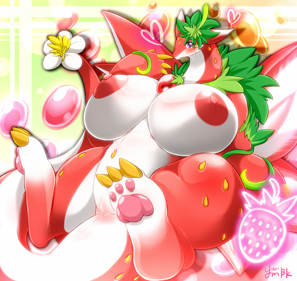 &lt;3 big_breasts blush breasts claws dragon female flora_fauna huge_breasts mammal nipples overweight pawpads paws plant pussy puzzle_&amp;_dragons red_body red_sky_fruit_strawberry_dragon solo toe_claws video_games white_body wings ymbk