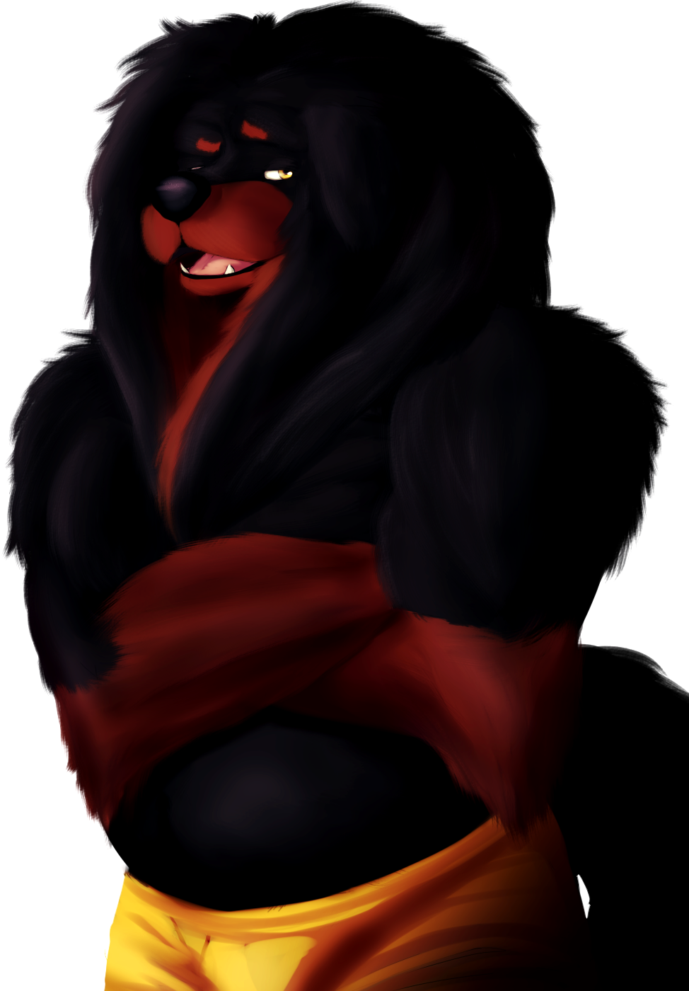 2015 anthro barazoku belly black_fur bulge canine chubby clothed clothing crossed_arms dog fluffy fur half-dressed looking_at_viewer male mammal mane markings mongolian_banhar musclegut muscles noiz open_mouth painting red_fur red_markings shorts solo standing teeth tibetan_mastiff tongue topless yellow_eyes