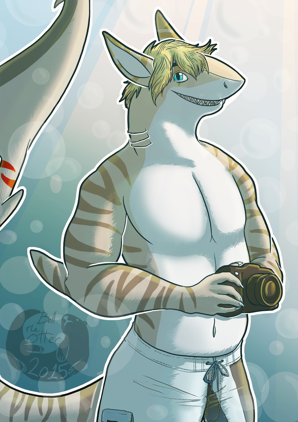 2015 anthro bell_the_otter camera clothing fish hair looking_at_viewer male marine open_mouth shark smile swimsuit teeth