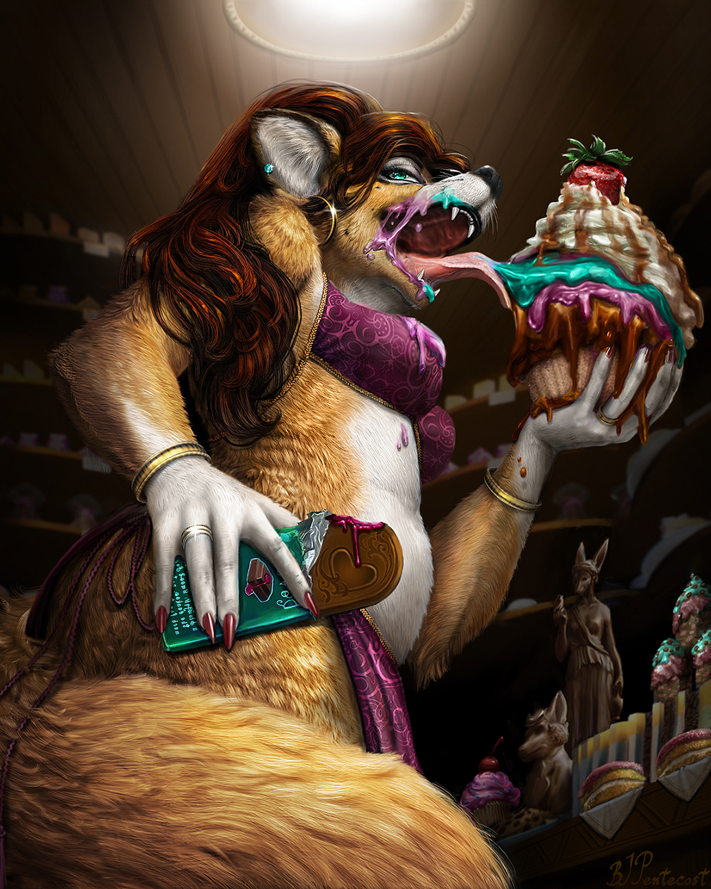 anthro black_nose blue_eyes bra bracelet breasts brown_fur brown_hair butt candy canine chocolate chubby clothing cupcake dancing ear_piercing eating female food fox fur hair jewelry lingerie long_hair low-angle_shot mammal nom piercing ring silverone solo strawberry tongue underwear