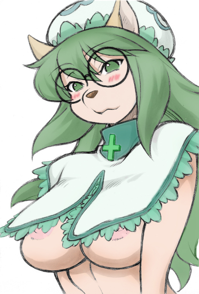 1girl animal_ears annoyed anthro areola_slip areolae blush breasts canine cheadle_yorkshire clothed clothing dog eyewear female glasses green_eyes green_hair hair half-dressed hat hunter_x_hunter large_breasts long_hair mammal mayoineko mob_cap nipple_slip nipples solo underboob unknown_colorist