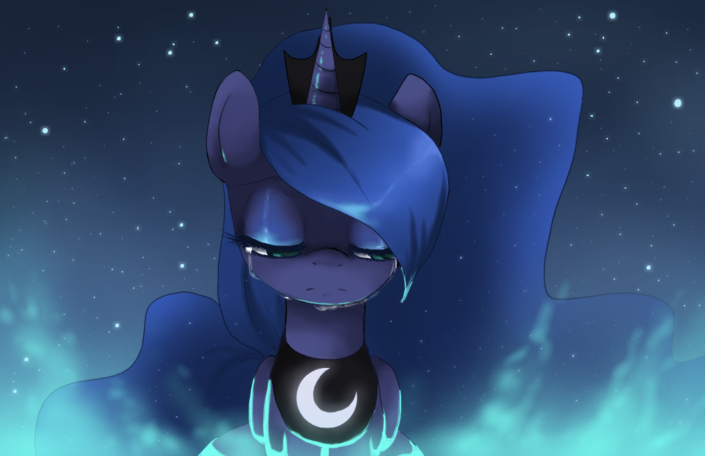 2015 blue_theme clasherz crown crying equine female friendship_is_magic glowing horn mammal my_little_pony necklace portrait princess_luna_(mlp) solo sparkles star tears the-loony-hatter upset winged_unicorn wings