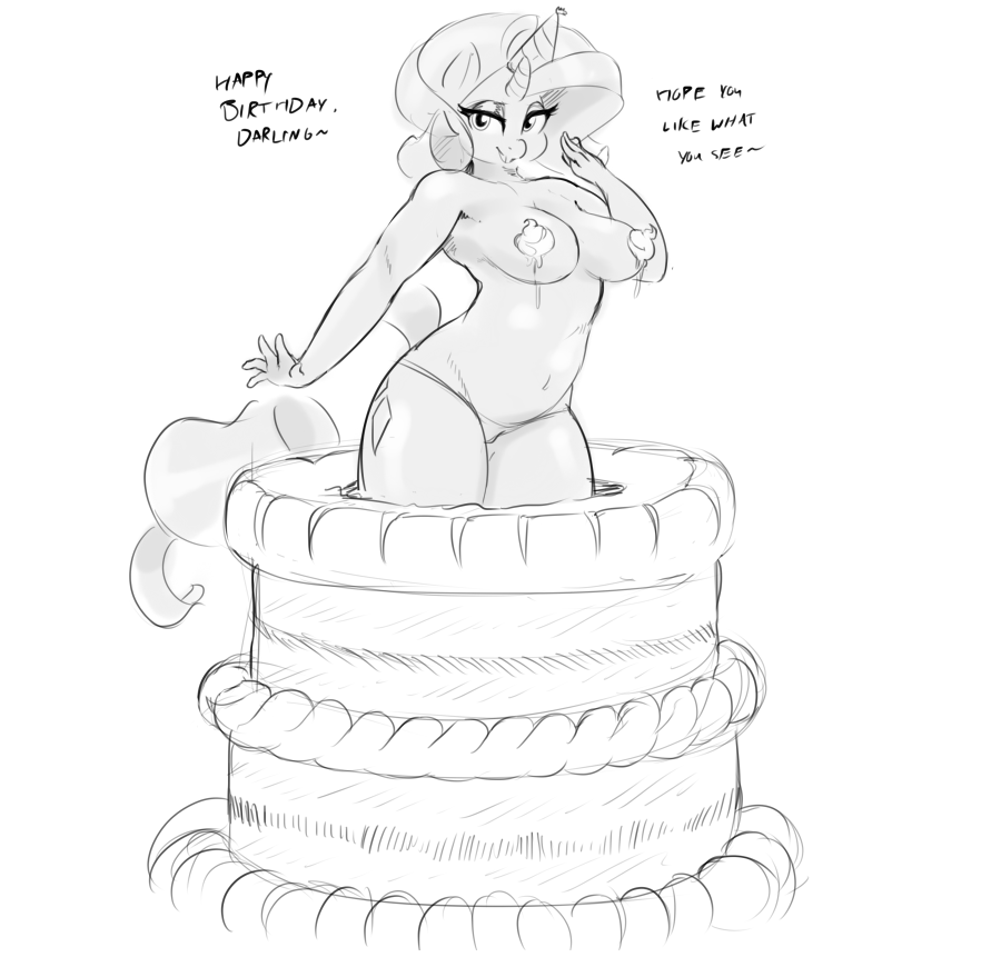 2015 anthro anthrofied breasts cake clothed clothing cream cutie_mark dialogue english_text equine female food friendship_is_magic greyscale hair half-dressed hat horn looking_at_viewer mammal monochrome my_little_pony navel nude panties party_hat rarity_(mlp) sirmasterdufel solo text topless underwear unicorn weight_gain