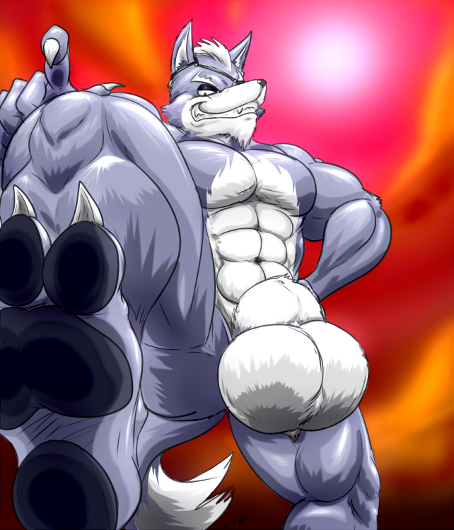 anthro balls canine claws huge_balls male mammal muscles nintendo notime4fear nude pawpads paws sheath solo star_fox toe_claws video_games wolf wolf_o'donnell