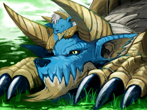 ambiguous_gender animal_ears blue_scales capcom claws cub cute fanged_wyvern fur grass horn monster_hunter scalie sleeping video_games white_fur wyvern yellow_eyes yellow_scales young zinogre