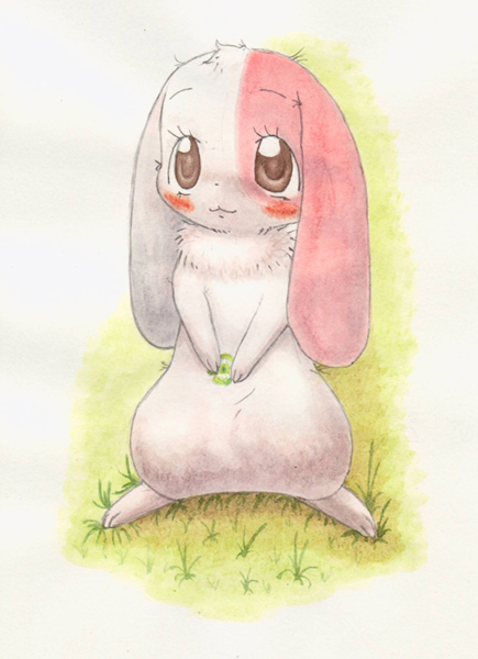 :3 anime blush brown_eyes comic cute eyelashes female fur grass happy_happy_clover japanese lagomorph long_ears mallow mammal manga meru pink_fur pixiv rabbit sayuri_tatsuyama shamrock short_fur smile solo unknown_artist white_fur