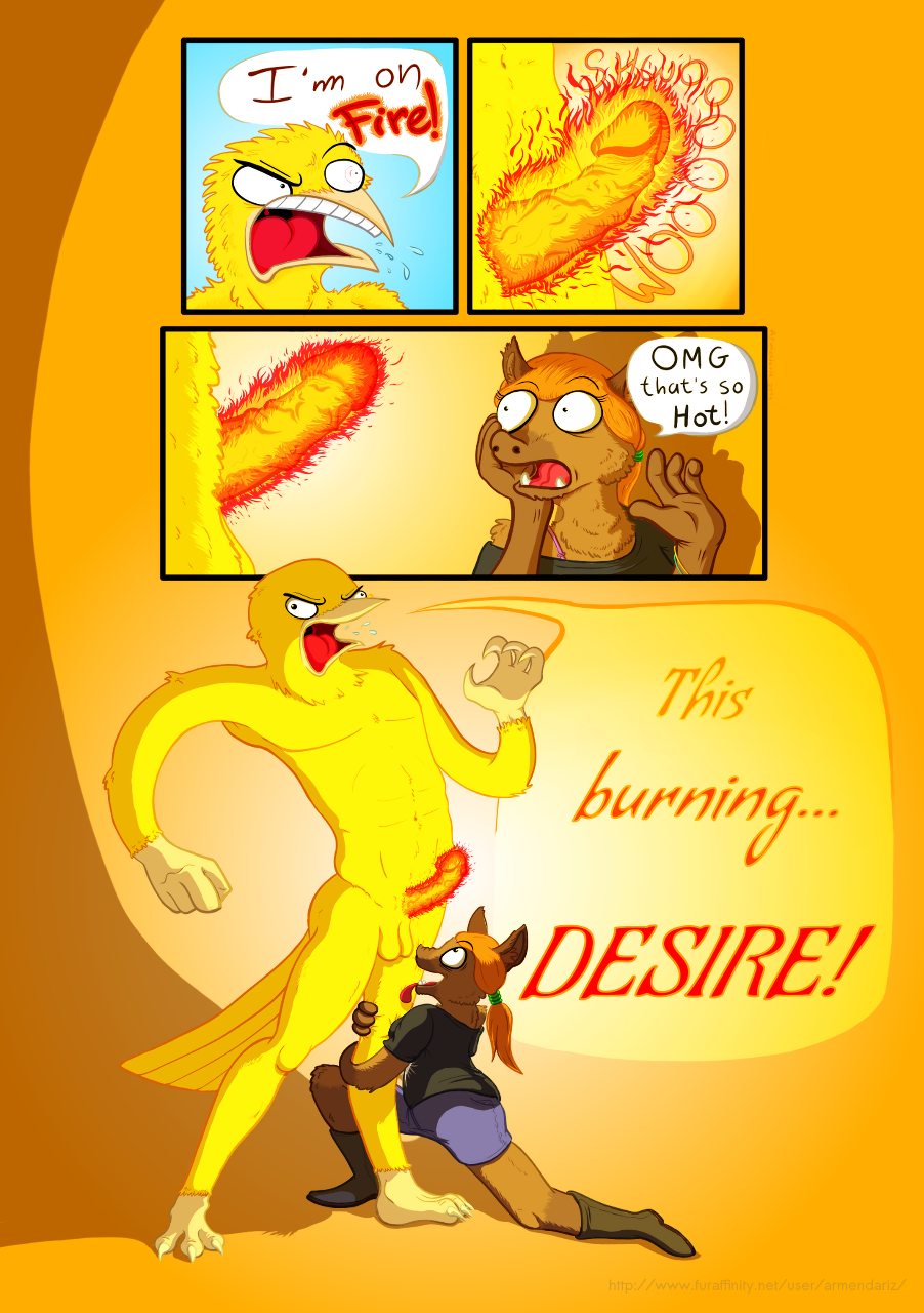 2014 anthro armendariz avian balls beak bird boar canary clothing comic duo english_text erection female fire flaming_penis hair humanoid_penis humor male mammal muscles nude open_mouth penis porcine text tongue