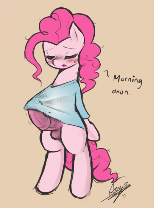 2015 animal_genitalia balls blush bottomless clothed clothing colored dialogue dickgirl earth_pony edit english_text equine erection eyes_closed friendship_is_magic fur hair half-dressed horse horsecock intersex mammal my_little_pony penis pink_fur pink_hair pinkie_pie_(mlp) plain_background pony solo standing starykrow sweat text