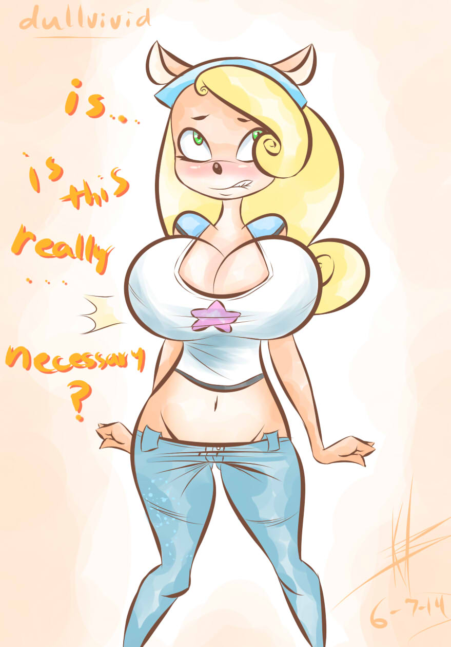 big_breasts blonde_hair blush breast_expansion breasts cleavage clothed clothing coco_bandicoot crash_bandicoot crash_bandicoot_(series) dullvivid female hair huge_breasts jeans solo video_games
