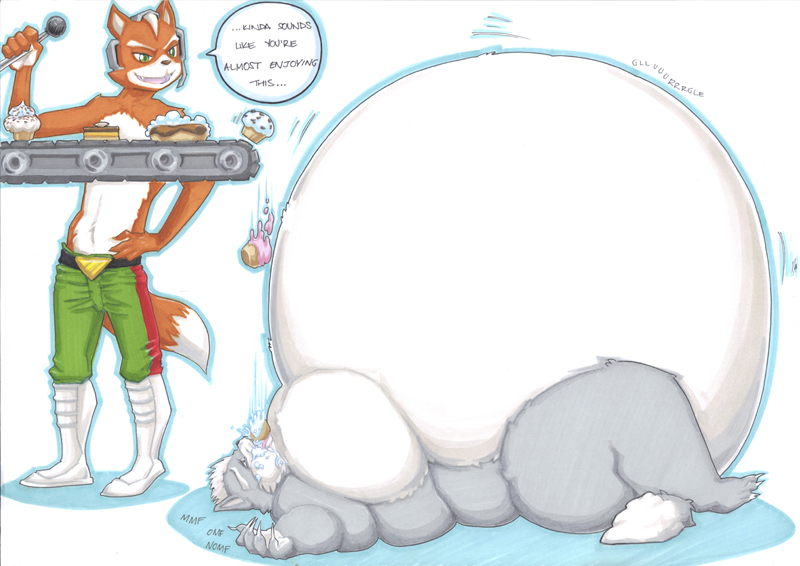 anthro belly duo eating feast feeding food force_feeding forced fox_mccloud growing male marker_(artwork) morbidly_obese nintendo overweight prisonsuit-rabbitman star_fox stuffing torture traditional_media_(artwork) video_games weight_gain wolf_o'donnell