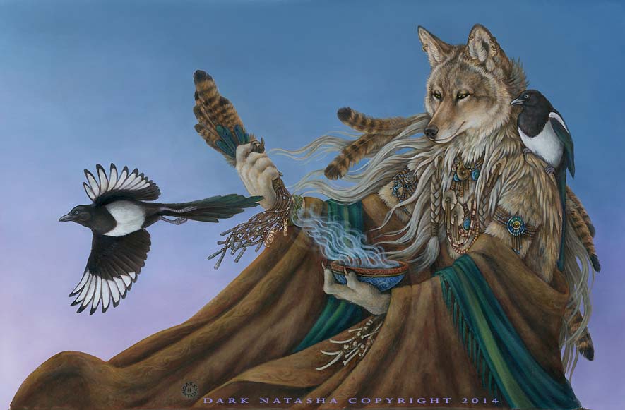 2014 ambiguous_gender avian bird canine coyote dark_natasha ear_piercing feathers feral fur jewelry magic_user magpie mammal piercing shaman tan_fur tribal_spellcaster