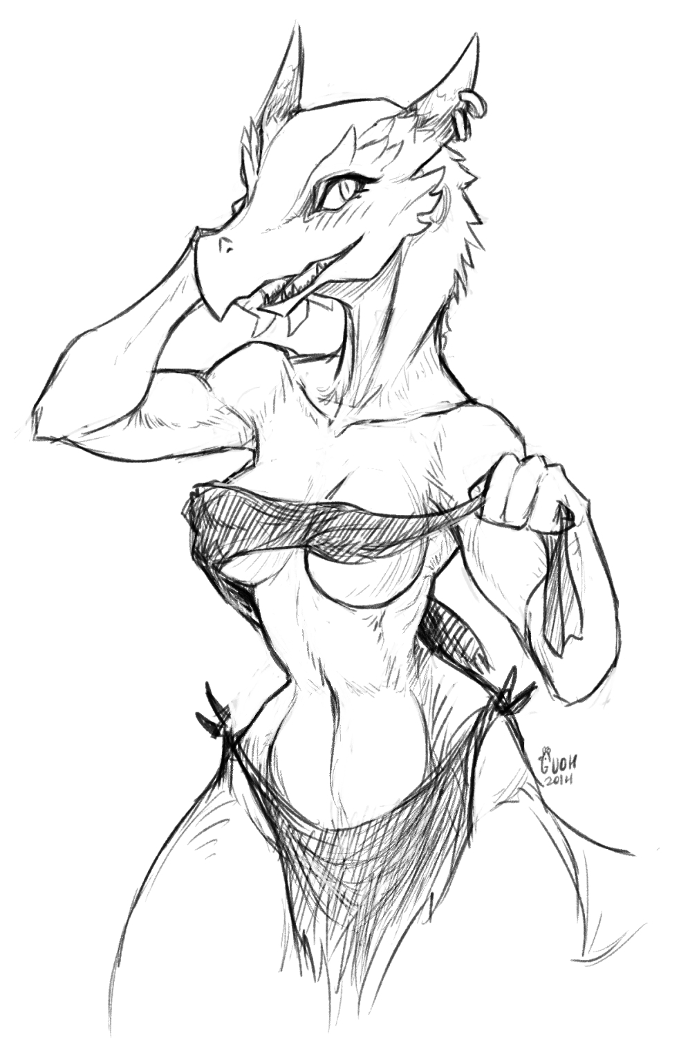 2014 anthro breasts clothed clothing female furry-specific_piercing guoh horn horn_piercing kobold loincloth looking_at_viewer monochrome navel piercing skimpy solo