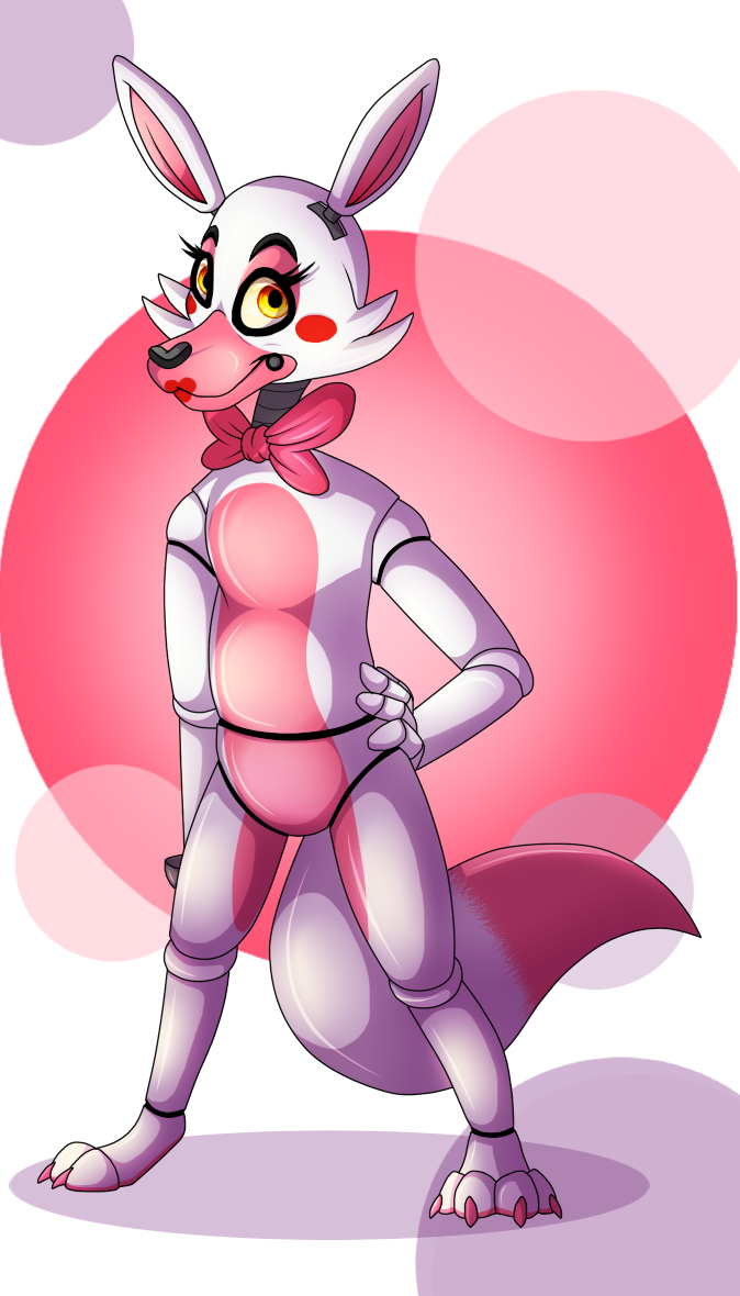 2015 amber_eyes ambiguous_gender animatronic anthro black_nose bow bow_tie canine claws emeraldarcanine eyelashes five_nights_at_freddy's five_nights_at_freddy's_2 fox girly lipstick looking_at_viewer machine mammal mangle_(fnaf) mechanical pink_bow pink_claws plain_background red_cheeks robot smile solo toe_claws