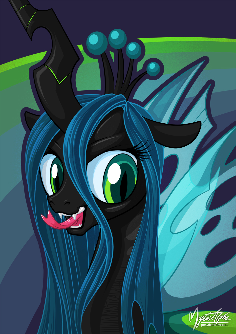 2014 changeling crown digital_media_(artwork) equine fangs female forked_tongue friendship_is_magic green_eyes green_hair hair holes horn insect_wings mammal my_little_pony mysticalpha portrait queen_chrysalis_(mlp) slit_pupils solo tongue tongue_out wings