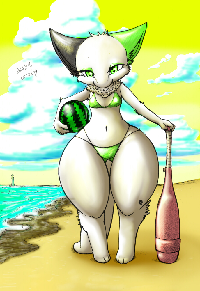 2014 3_toes anne_(cocolog) anthro baseball_bat beach bikini breasts clothing cocolog female fur green_eyes handymonsters looking_at_viewer mammal navel outside seaside solo standing swimsuit text toes unknown_species water watermelon white_fur wide_hips