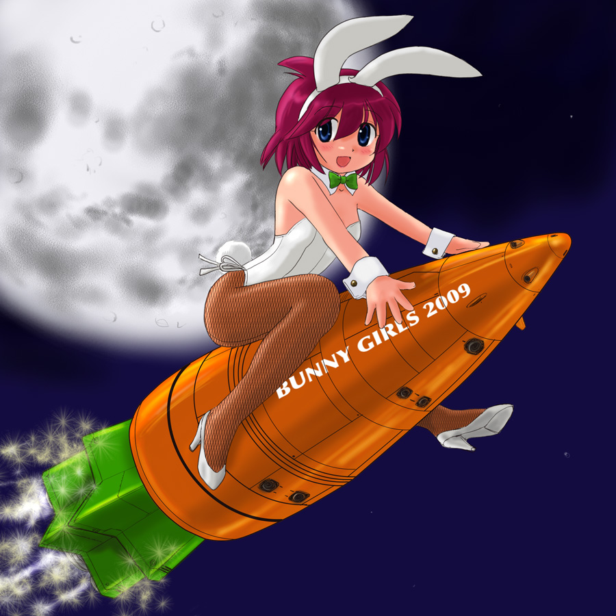 animal_ears blue_eyes bunny_ears bunnysuit carrot fishnet_pantyhose fishnets full_moon marison_(aono107) md5_mismatch moon original pantyhose red_hair rocket short_hair solo