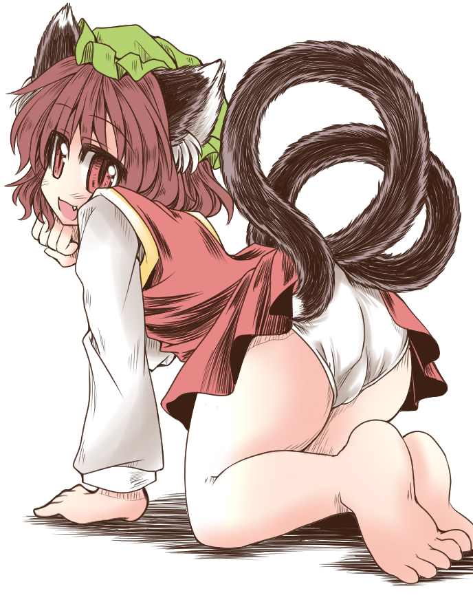 animal_ears cat_ears cat_tail chen fang hat looking_at_viewer multiple_tails mumumu nekomata panties solo tail touhou two_tails underwear