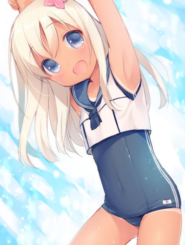 :d armpits arms_up bad_id bad_twitter_id blonde_hair blue_eyes blush covered_navel crop_top flower hair_flower hair_ornament kantai_collection long_hair one-piece_swimsuit one-piece_tan open_mouth ro-500_(kantai_collection) school_swimsuit school_uniform serafuku smile solo swimsuit swimsuit_under_clothes tan tanline usashiro_mani