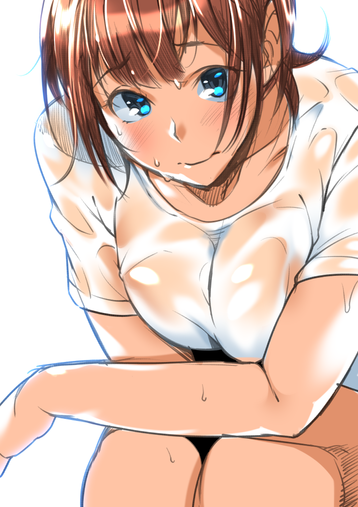 blue_eyes breasts brown_hair large_breasts looking_at_viewer ojo_(dfreak) original shirt short_hair simple_background solo wet wet_clothes wet_shirt white_background