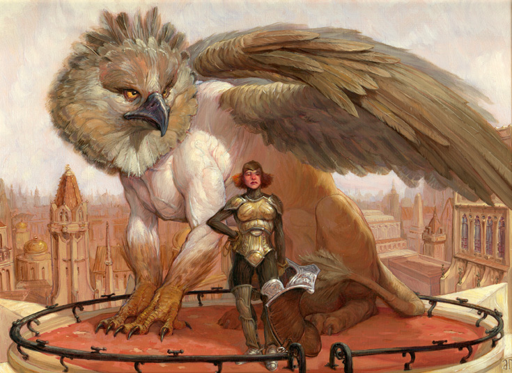 adam_rex avian beak building city cityscape claws duo feathered_wings female feral gryphon hand_on_hip human landscape magic_the_gathering mammal official_art quadruped saddle sitting size_difference soldier spread_wings standing traditional_media_(artwork) wings