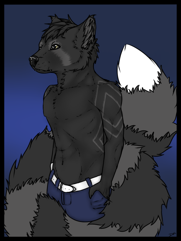 anthro belt built canine clothed clothing cute darachi djpandako half-dressed half_body hands_in_pockets hybrid jeans male mammal markings muscles red_panda simple_background solo standing topless wolf wolfa
