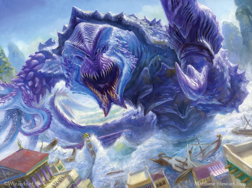 ambiguous_gender architecture arthropod atmospheric_perspective breaching city crustacean destruction dutch_angle front_view kraken macro magic_the_gathering marine matt_stewart monster official_art open_mouth outside pincers sea seaside sharp_teeth solo teeth tentacles water