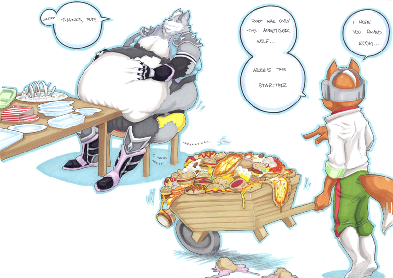 anthro belly canine eating feast feeding food force_feeding forced fox fox_mccloud growing hot_dog male mammal morbidly_obese nintendo overweight pizza prisonsuit-rabbitman star_fox stuffing video_games weight_gain wolf wolf_o'donnell