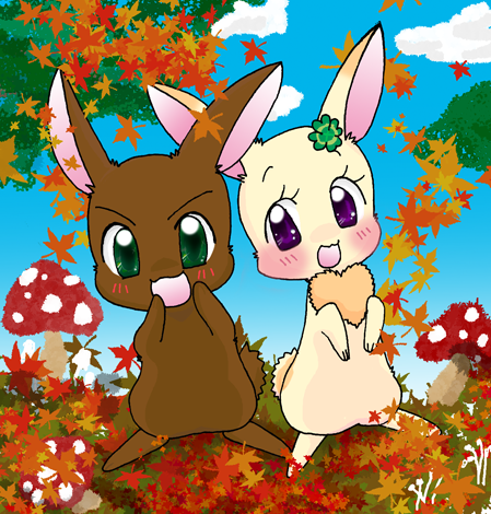 &lt;3 anthro autumn blush brown_fur chest_tuft chima clover eyelashes fall female fur gaku green_eyes happy_happy_clover kale lagomorph leaves male mammal mushroom pixiv purple_eyes rabbit sayuri_tatsuyama shamrock short_fur smile tuft unknown_artist white_fur