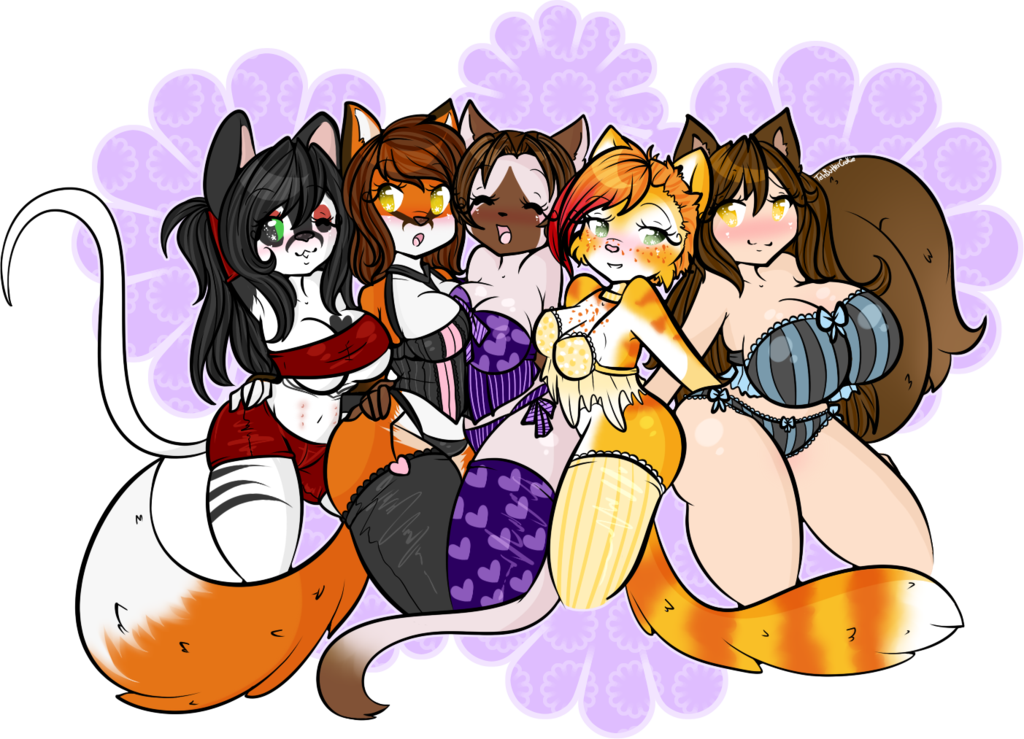 anthro big_breasts bigger_version_at_the_source breast_squish breasts canine cat clothing feline female fox garter_belt group lace legwear mammal shorts siamese small_breasts spandex strapless_bra tehbuttercookie thigh_highs