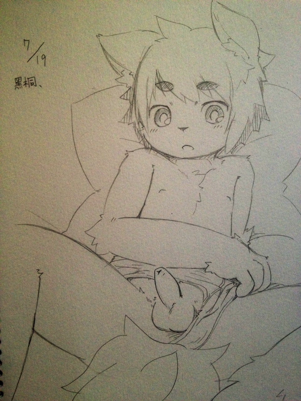 anthro balls big_eyes chest_tuft cub erection eyebrows fur hair humanoid_penis kemono lying male monochrome nipples nude open_mouth penis pillow sirotae_konnta sketch solo surprise tuft uncut young