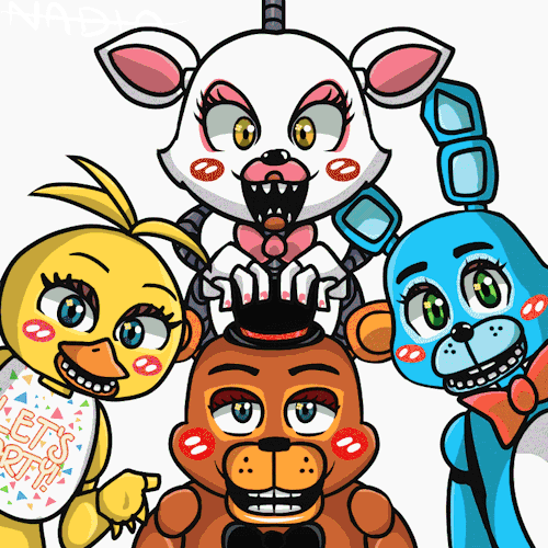 2014 animated animatronic anthro bow_tie female five_nights_at_freddy's five_nights_at_freddy's_2 glowing glowing_eyes group hat kasanexkagamine looking_at_viewer low_res machine male mangle_(fnaf) mechanical robot teeth top_hat toy_bonnie_(fnaf) toy_chica_(fnaf) toy_freddy_(fnaf)