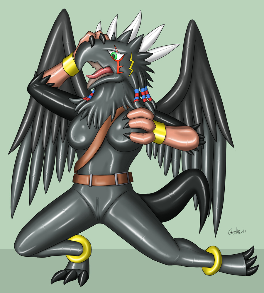 2011 anthro audie-gryph avian black_skin claws female garion green_eyes gryphon open_mouth plain_background rubber_suit solo tongue