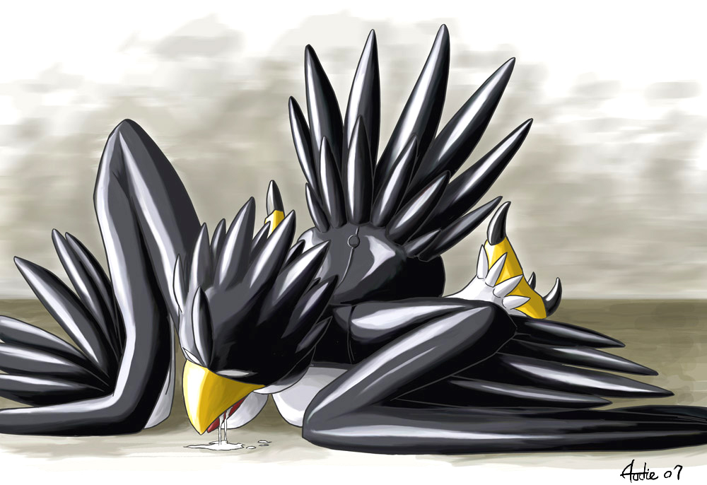 2007 anthro audie-gryph avian beak female gryphon open_mouth rubber simple_background solo