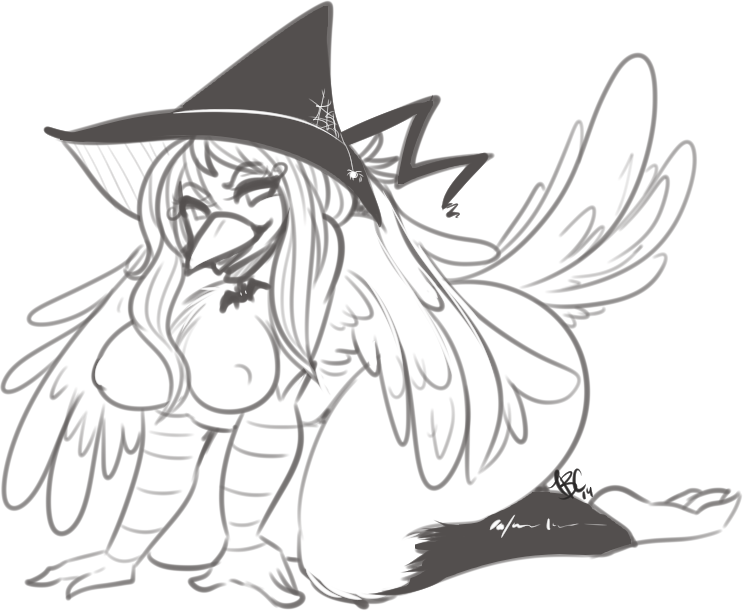 2014 anthro ass_up avian female halloween holidays magic_user monochrome overweight solo tehbuttercookie witch