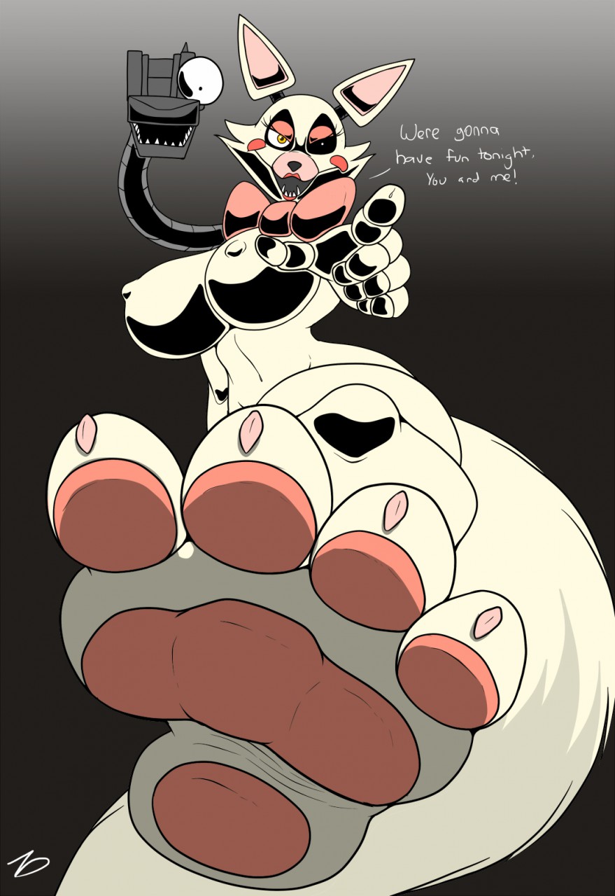 2014 animatronic anthro areola black_background breasts canine dialogue digital_media_(artwork) domination english_text female female_domination first_person_view five_nights_at_freddy's five_nights_at_freddy's_2 foot_focus fox fur looking_at_viewer looking_down machine mammal mangle_(fnaf) mechanical nipples pawpads paws plain_background ribbons robot solo text white_fur yellow_eyes zp92