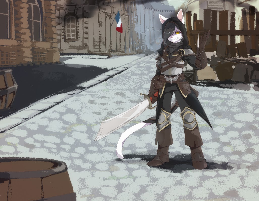 2014 anthro armor assassin assassin's_creed cat clothed clothing danboyya2000 emo_hair feline flag fur hair hidden_blade hood looking_at_viewer male mammal pose ryan ryan&trade; smile solo sword video_games weapon white_fur yellow_eyes