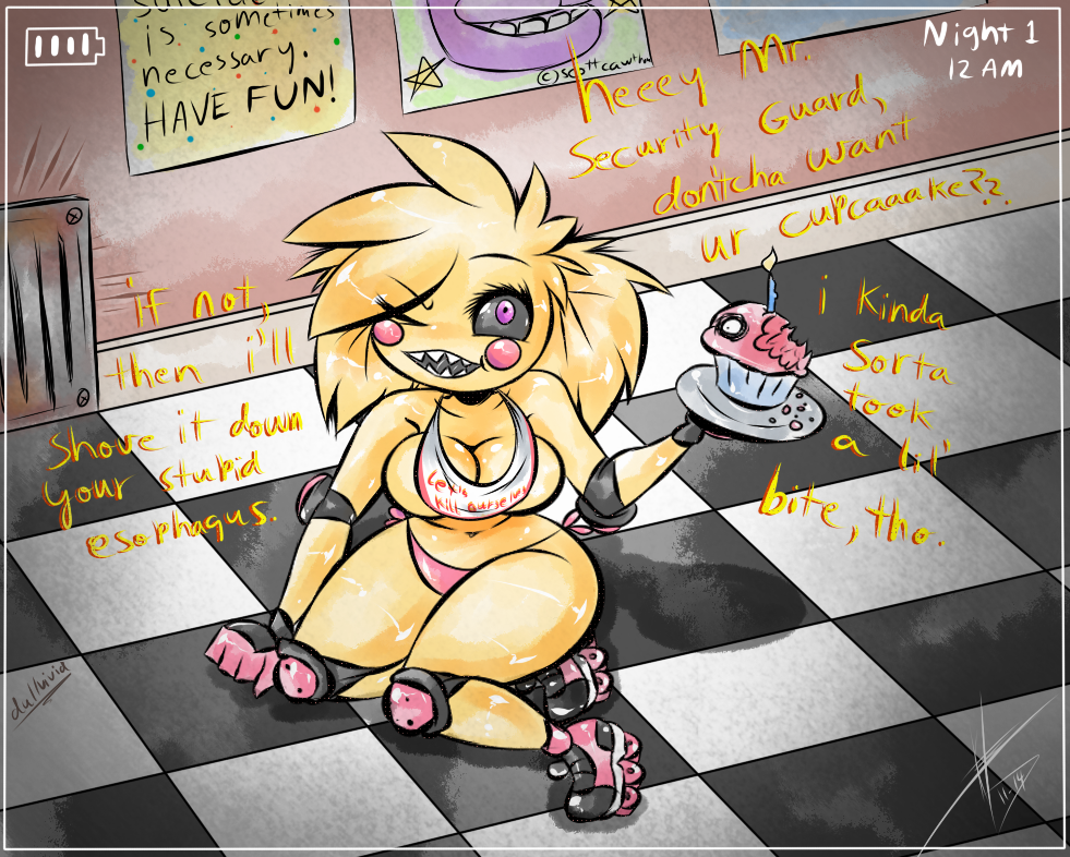 2014 animatronic anthro black_sclera blush bonnie_(fnaf) breasts cupcake cupcake_(fnaf) dullvivid english_text female five_nights_at_freddy's five_nights_at_freddy's_2 food hair looking_at_viewer machine mechanical messy_hair pink_eyes robot rollerskates sharp_teeth teeth text thick_thighs toy_chica_(fnaf)