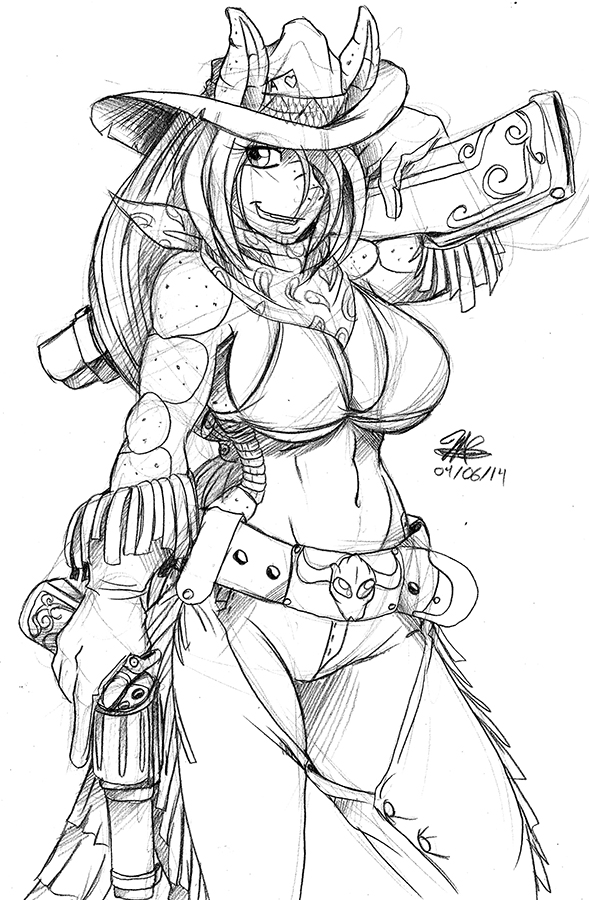 2014 ace_of_hearts anthro armadillo avencri bazookas belt bra breasts card chaps clothed clothing cocky cowboy_hat female gloves gun hair handkerchief hat jeans long_hair mammal navel pencil_(artwork) pistol plain_background playing_card ranged_weapon shotgun sketch smile solo standing tina_(avencri) traditional_media_(artwork) underwear weapon white_background