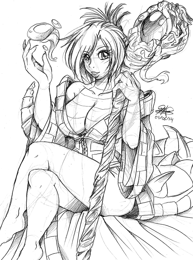 2014 alligator anthro avencri belly_scales big_breasts bottomless breasts cela cleavage clothed clothing crossed_legs female lips looking_at_viewer magic magic_user pencil_(artwork) polearm reptile robe scales scalie sitting sketch smile solo spikes staff thick_tail traditional_media_(artwork) weapon