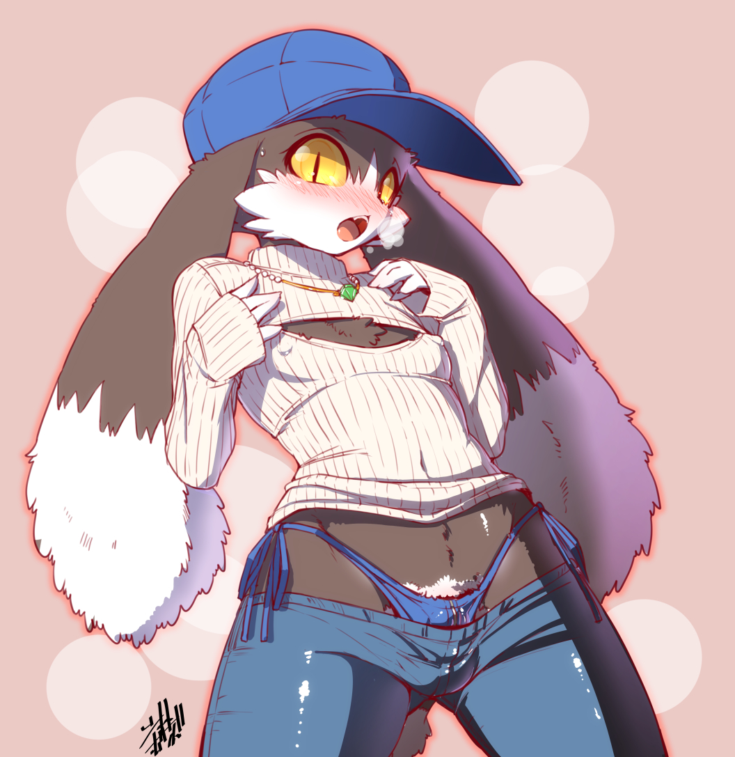 abstract_background blush bulge clothed clothing crossdressing digital_media_(artwork) fangs girly hat jeans klonoa long_ears male necklace nipples open_mouth shaolin_bones skimpy slit_pupils solo sweat sweater teeth thong yellow_eyes yellow_sclera