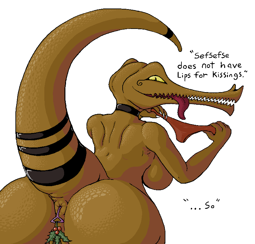 2014 alpha_channel anal_beads anthro anus big_butt breasts brown_skin butt clothing collar crocodile english_text female gharial holly_(plant) liarborn mistletoe panties plain_background plant pussy reptile scalie sefsefse sex_toy side_boob solo tail_ring text tongue toying_self transparent_background underwear voluptuous wide_hips